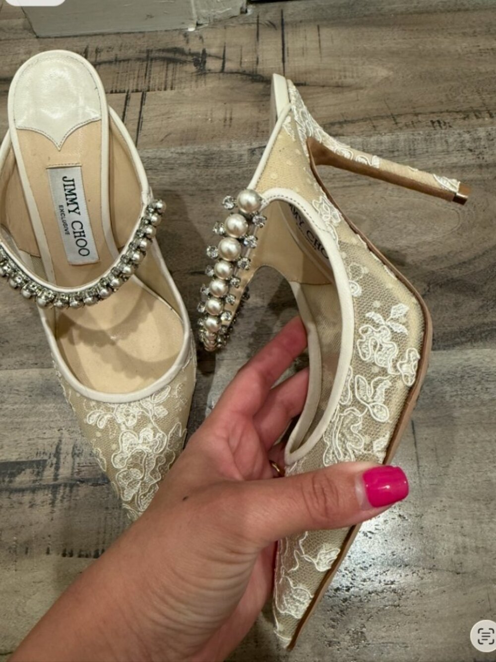 Jimmy Choo Bing Embellished Lace High-Heel Mules in ivory 38.5 - Picture 4 of 5